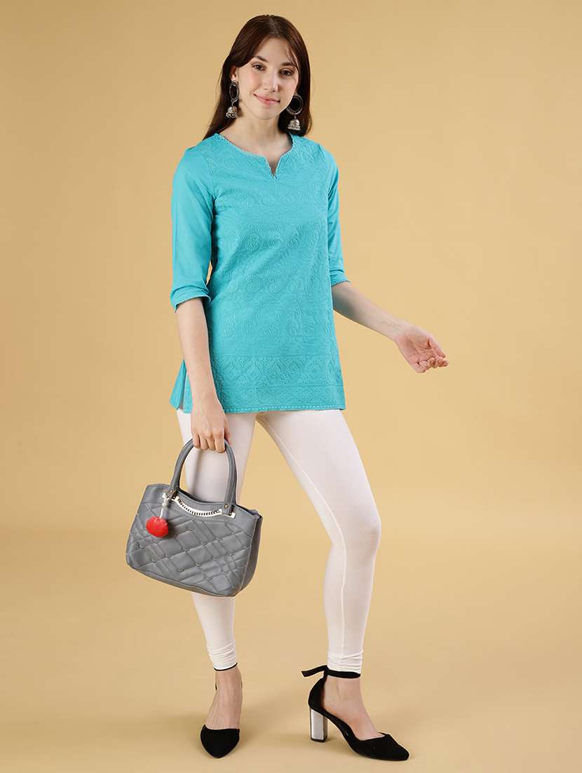 women solid with work three quarter sleeve straight kurti - 22138130 -  Standard Image - 4