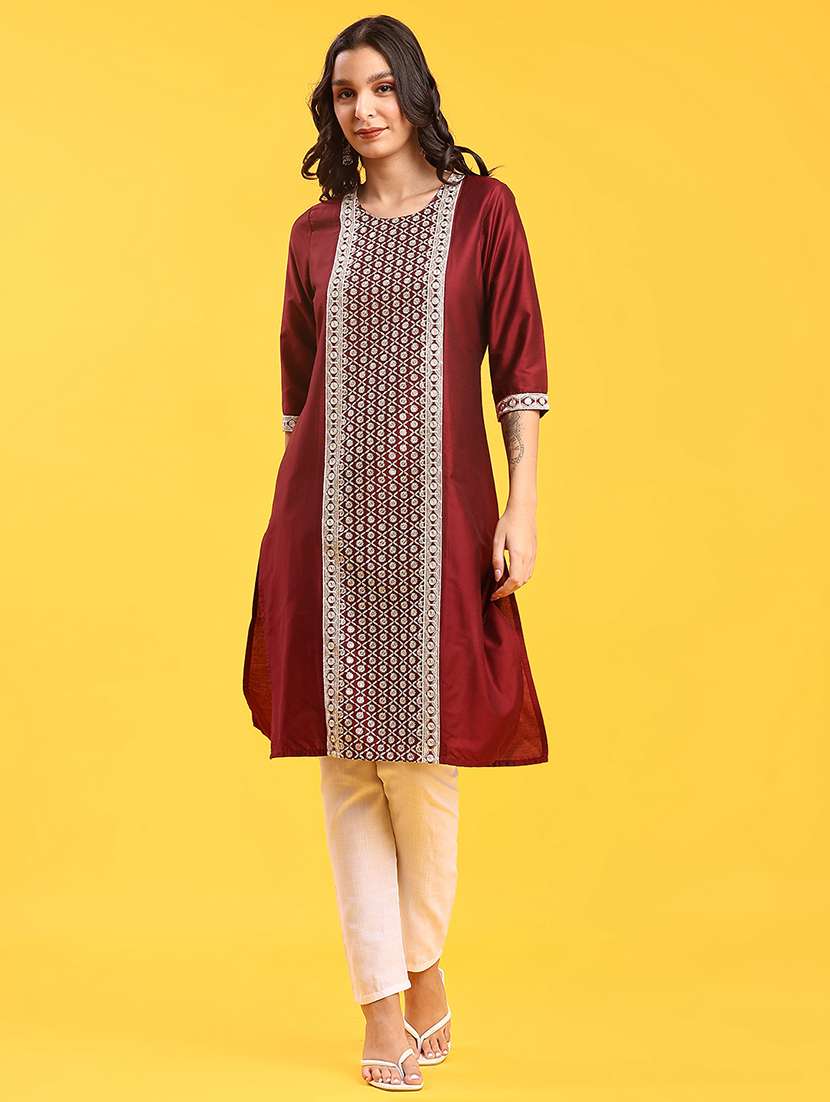 women solid with work three quarter sleeve straight kurta - 22138602 -  Standard Image - 1