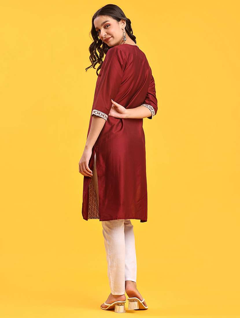 women solid with work three quarter sleeve straight kurta - 22138602 -  Standard Image - 4