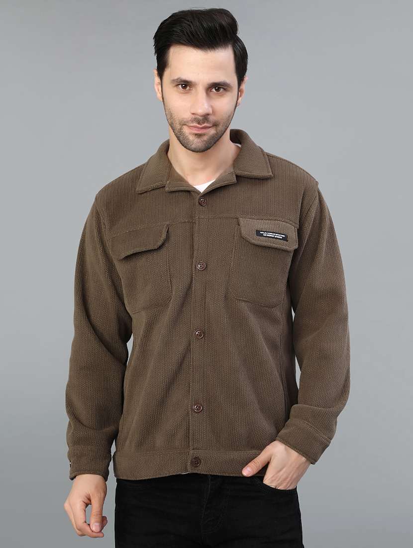 men solid collared long sleeve shacket - 22138704 -  Standard Image - 1