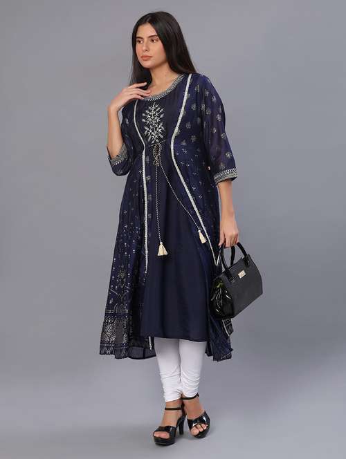 women printed three quarter sleeve layered kurta - 22138737 -  Standard Image - 0