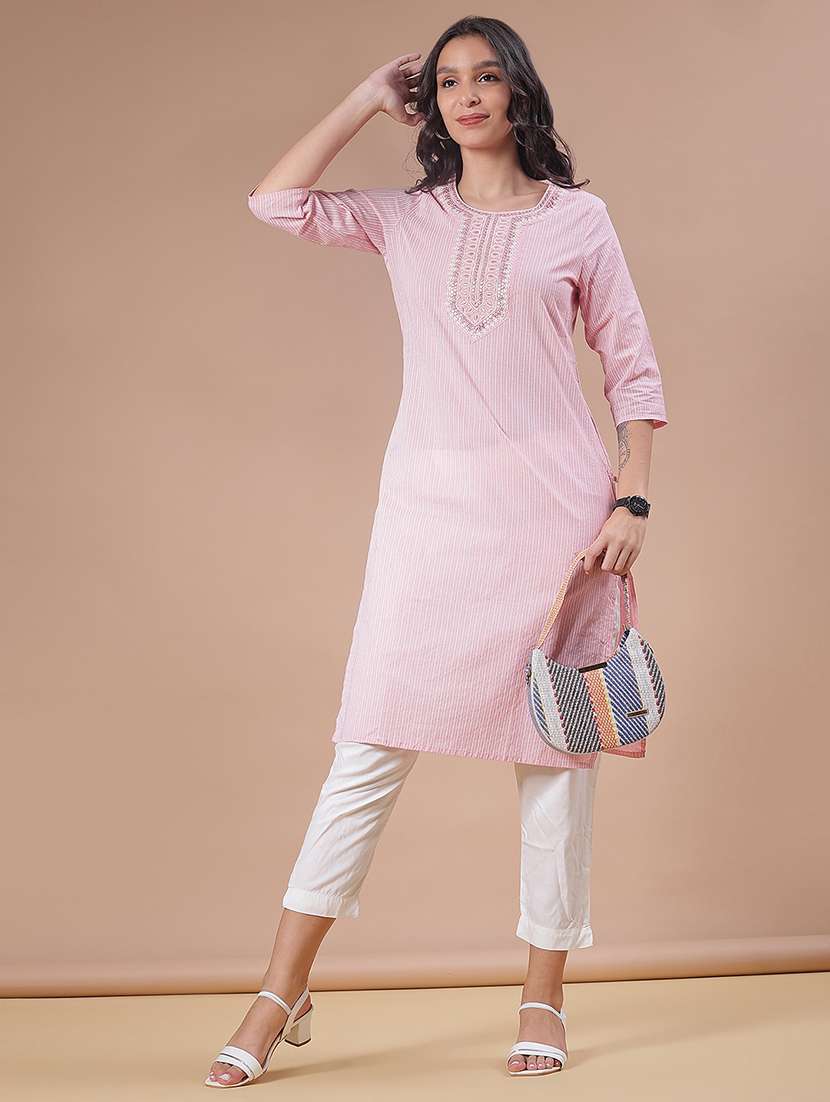 women striped three quarter sleeve straight kurta - 22138925 -  Standard Image - 4