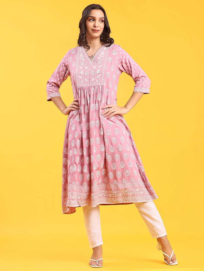 women printed three quarter sleeve a-line kurta - 22139390 -  Standard Image - 1