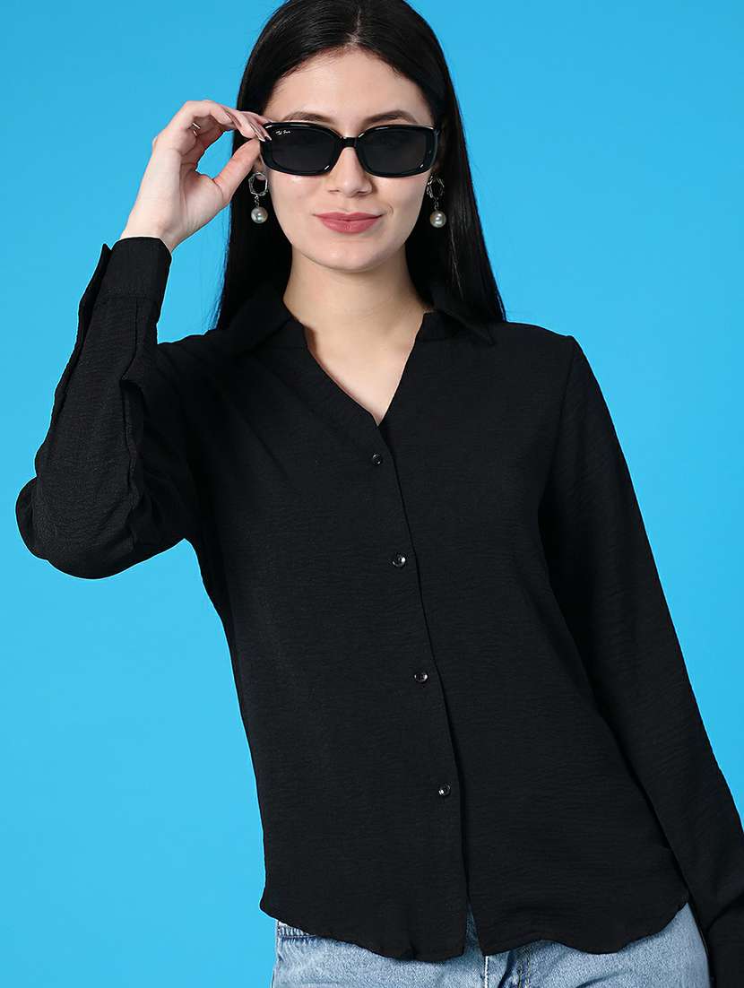 women solid collared long sleeve regular shirt