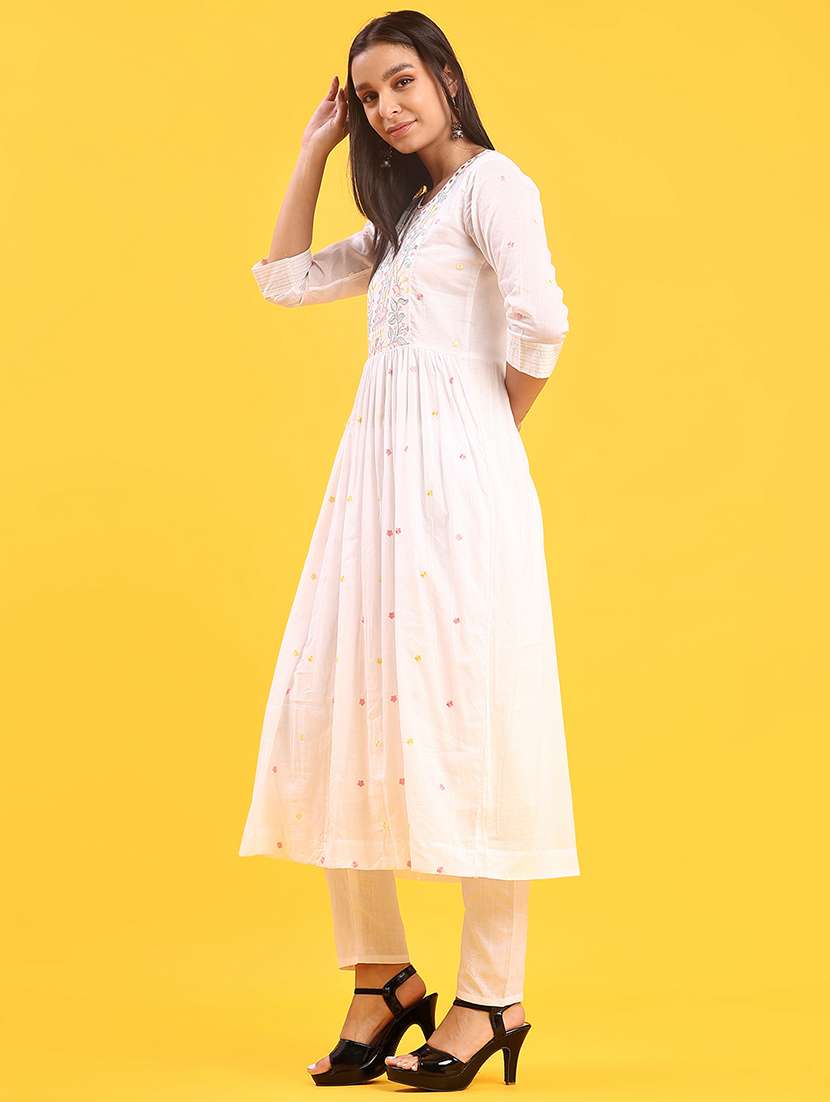 women solid with work three quarter sleeve a-line kurta - 22139507 -  Standard Image - 1