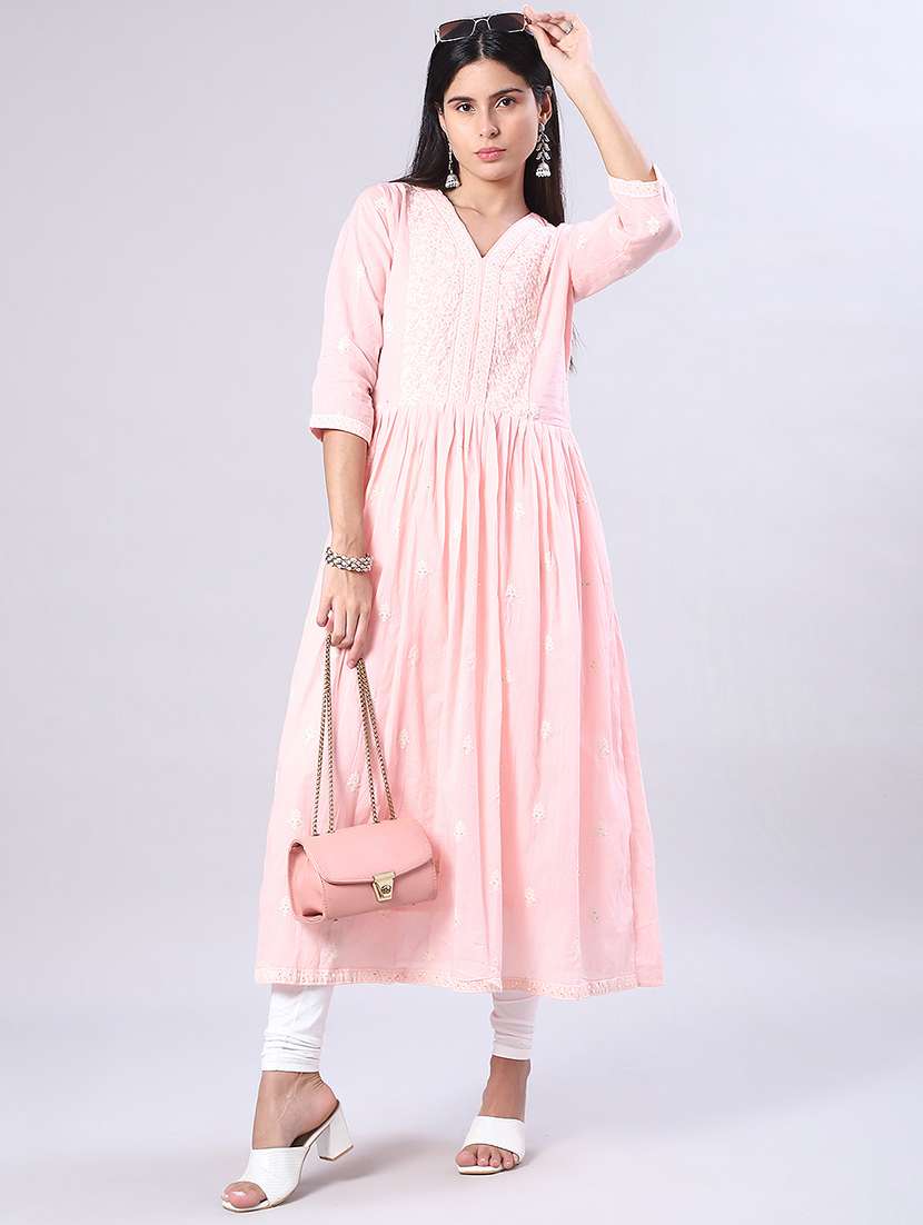 women solid with work three quarter sleeve flared kurta