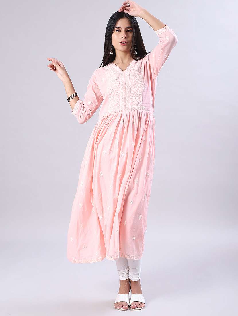 women solid with work three quarter sleeve flared kurta - 22139509 -  Standard Image - 1