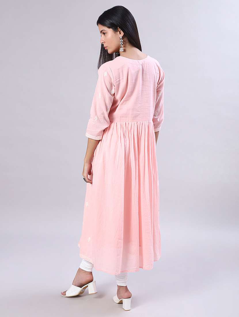 women solid with work three quarter sleeve flared kurta - 22139509 -  Standard Image - 4