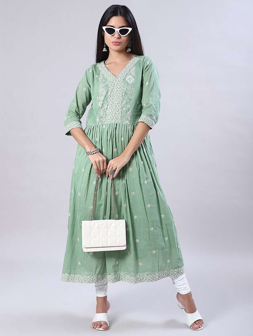women solid with work three quarter sleeve flared kurta