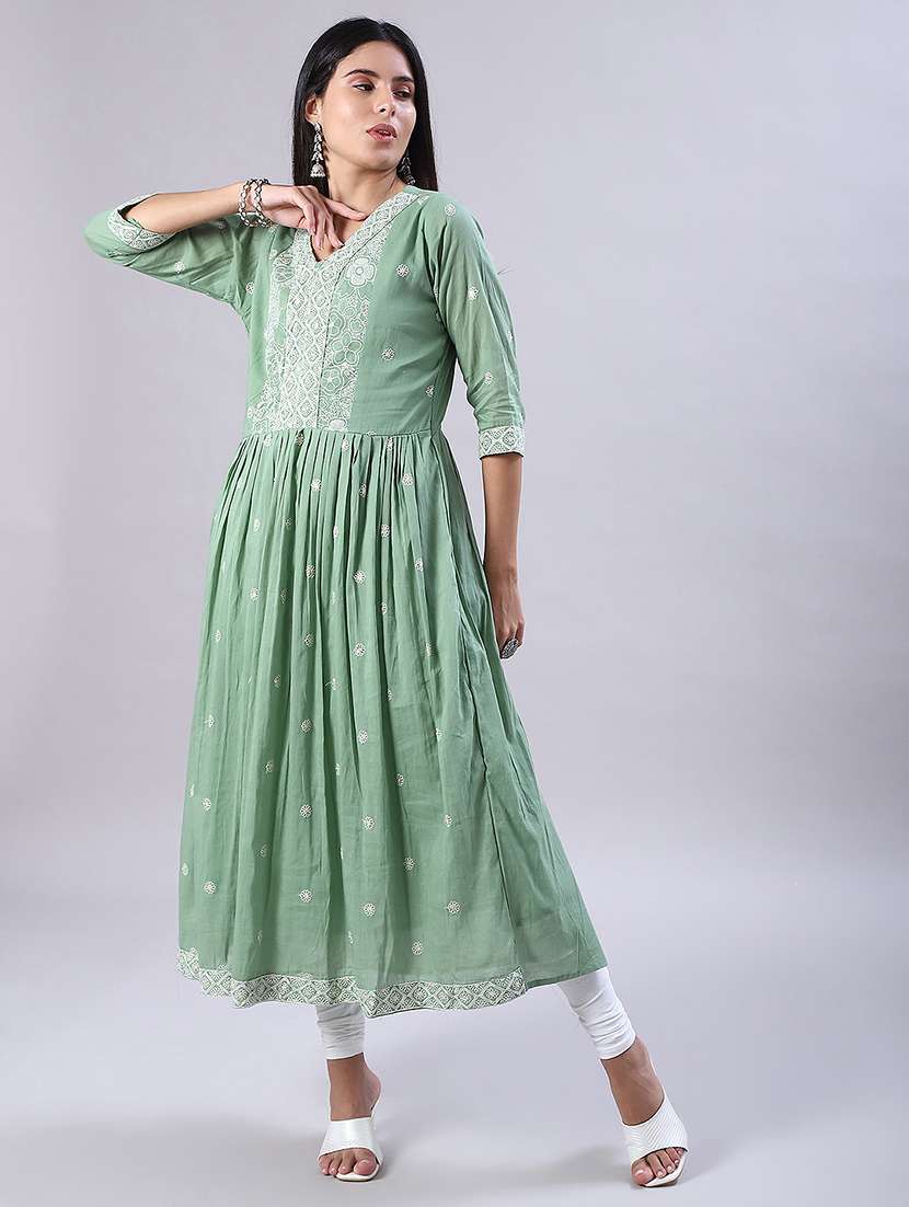 women solid with work three quarter sleeve flared kurta - 22139511 -  Standard Image - 1
