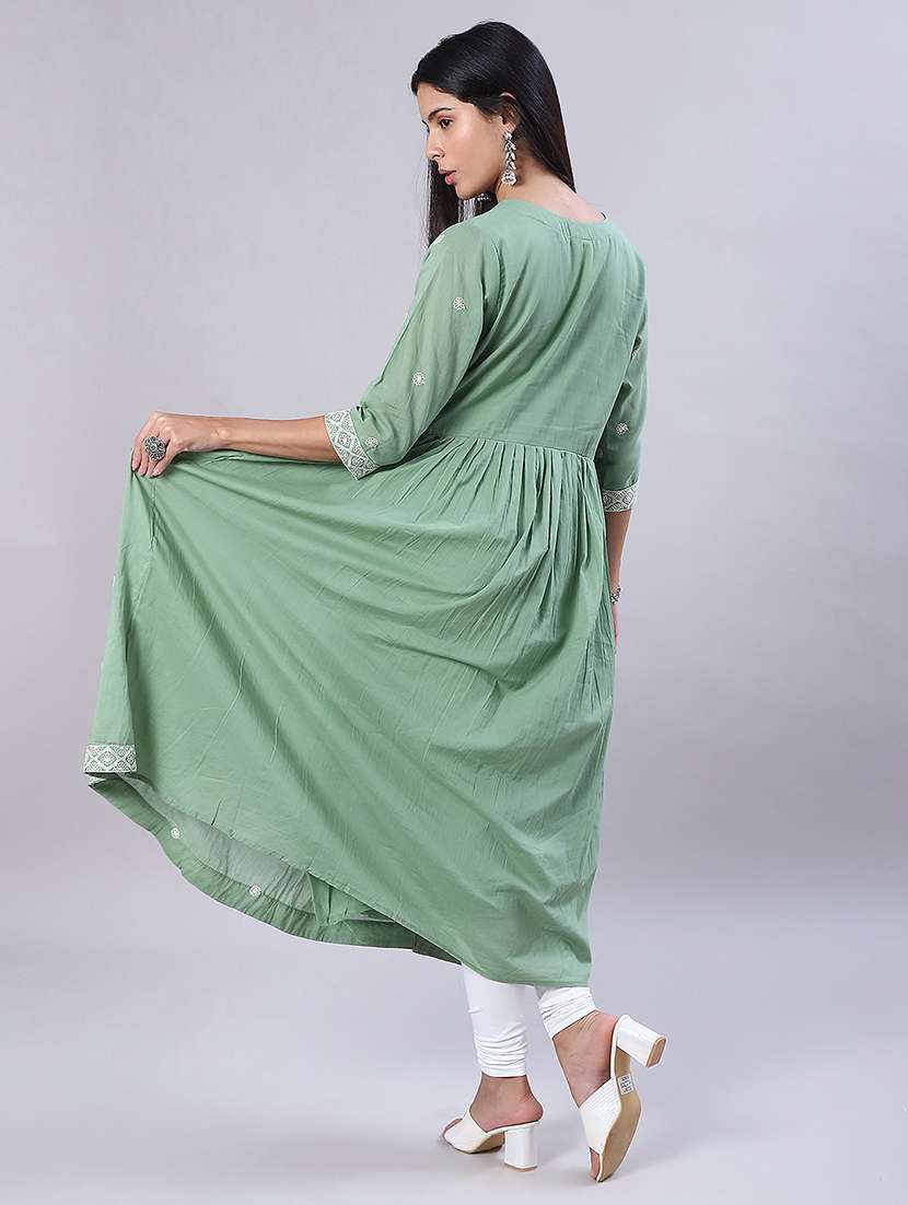 women solid with work three quarter sleeve flared kurta - 22139511 -  Standard Image - 4