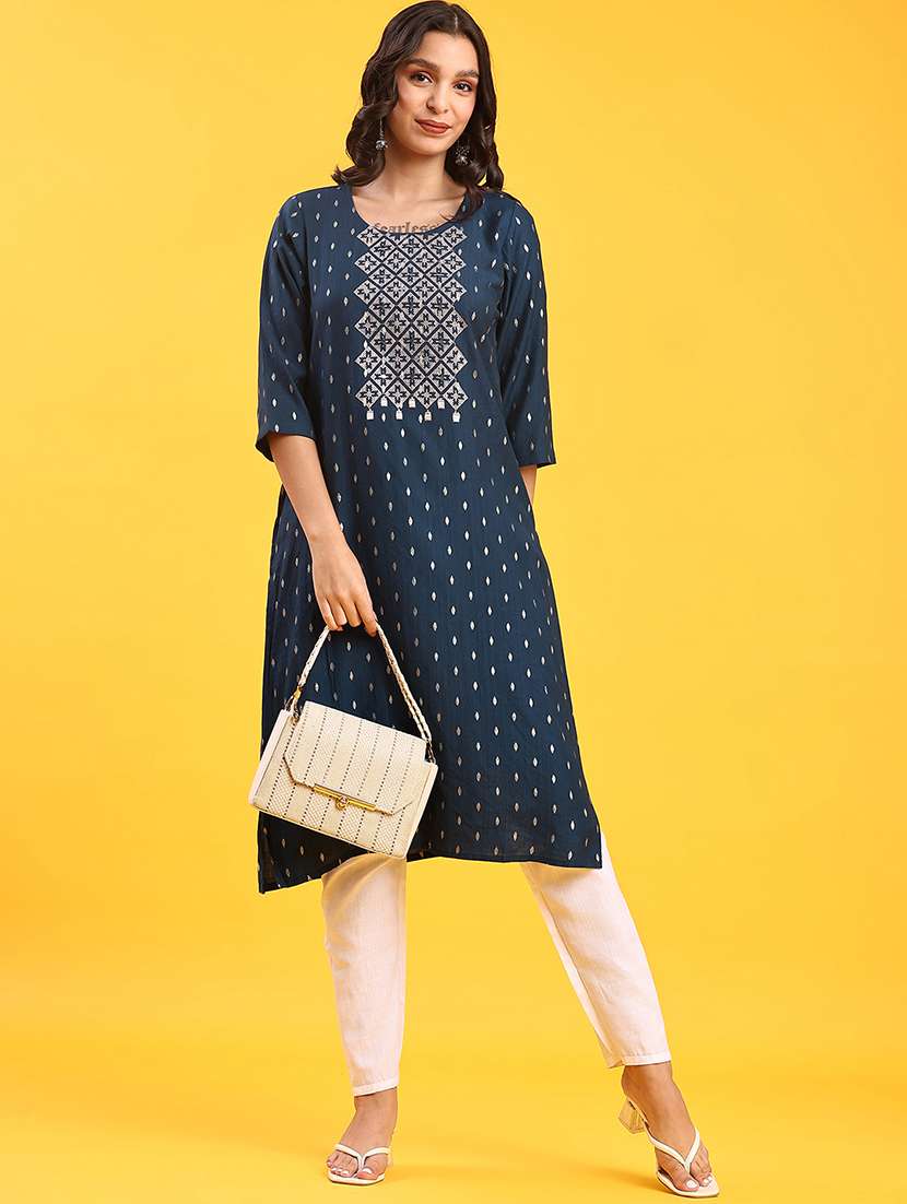 women solid with work three quarter sleeve straight kurta