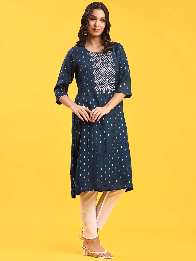 women solid with work three quarter sleeve straight kurta - 22139535 -  Standard Image - 1