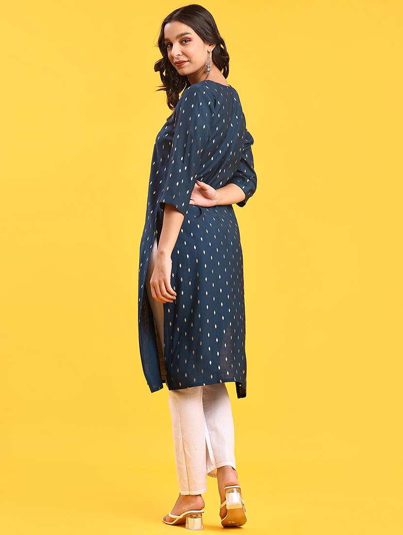 women solid with work three quarter sleeve straight kurta - 22139535 -  Standard Image - 4