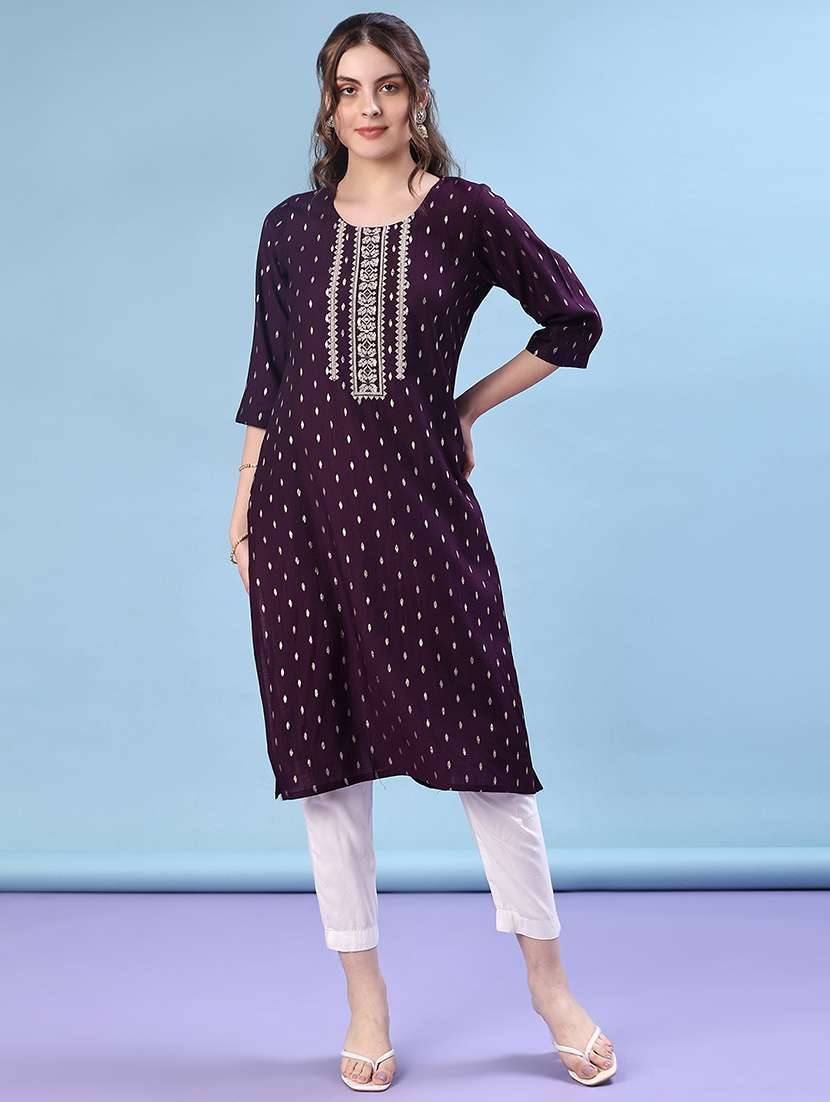 women solid with work three quarter sleeve straight kurta