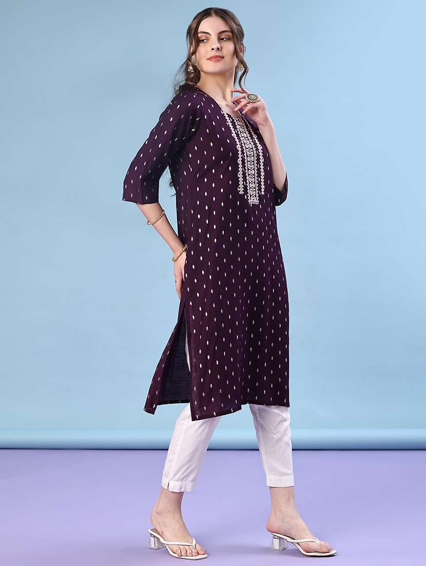 women solid with work three quarter sleeve straight kurta - 22139536 -  Standard Image - 1