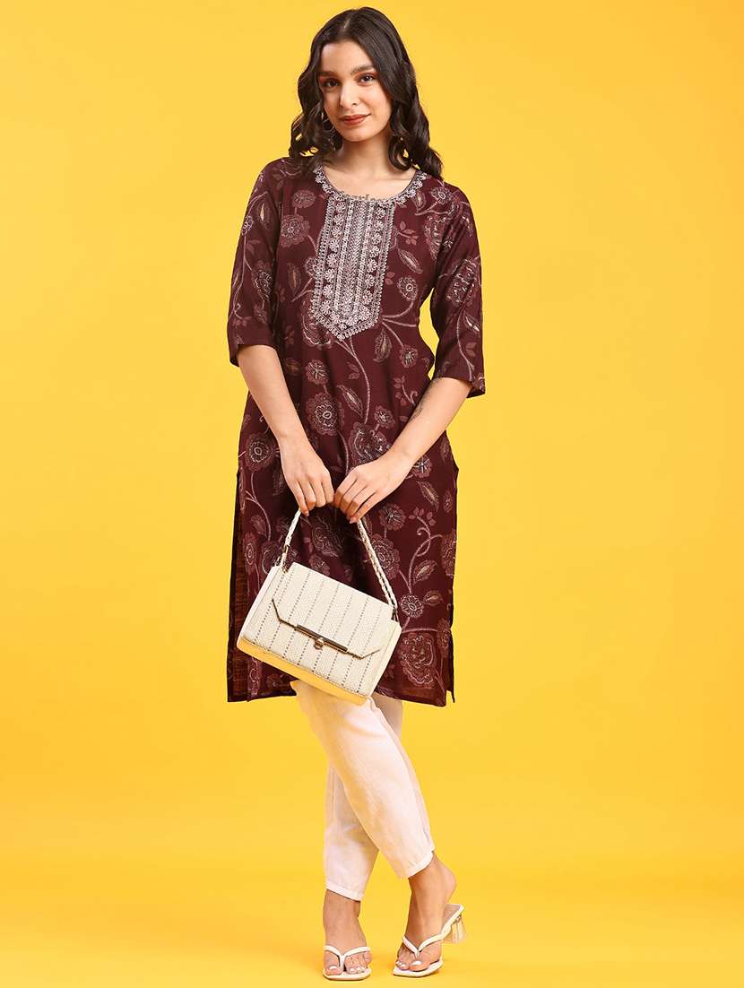 women floral printed three quarter sleeve straight kurta