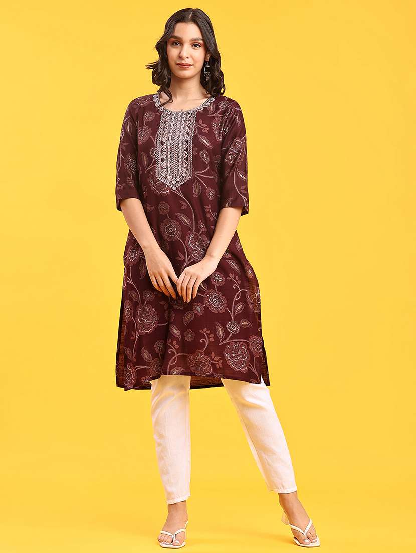 women floral printed three quarter sleeve straight kurta - 22139541 -  Standard Image - 1