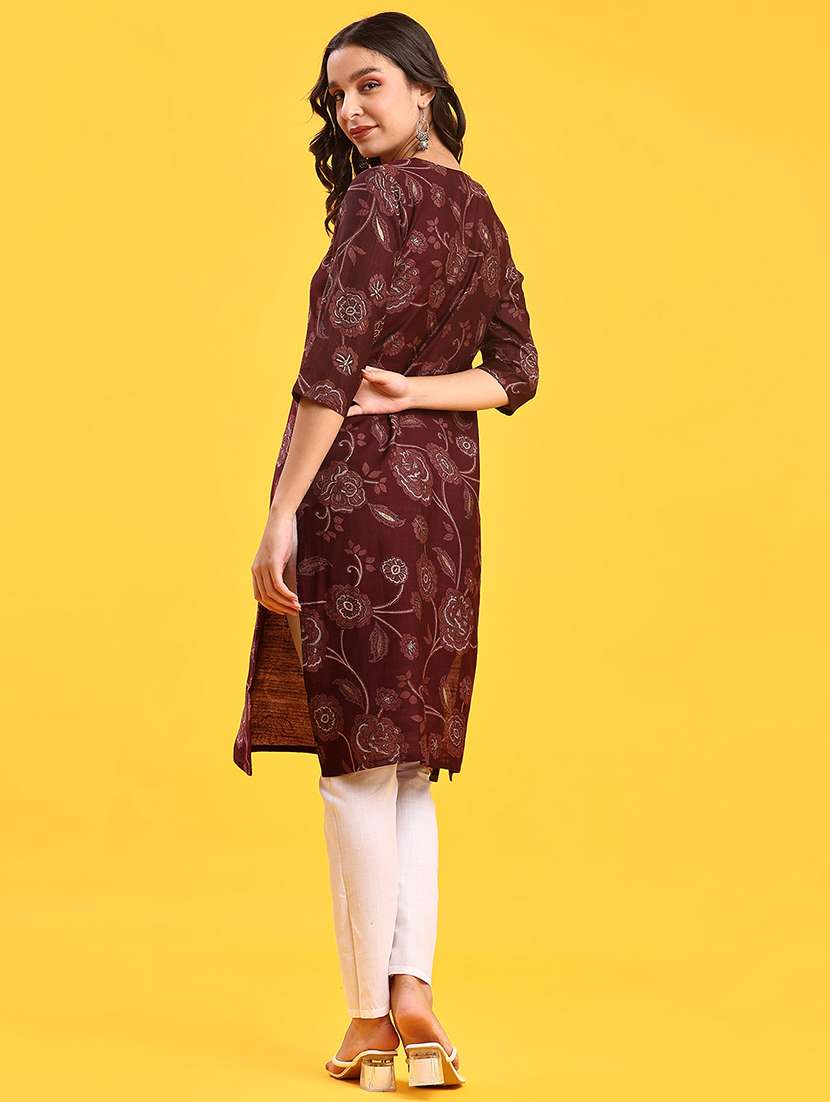 women floral printed three quarter sleeve straight kurta - 22139541 -  Standard Image - 4