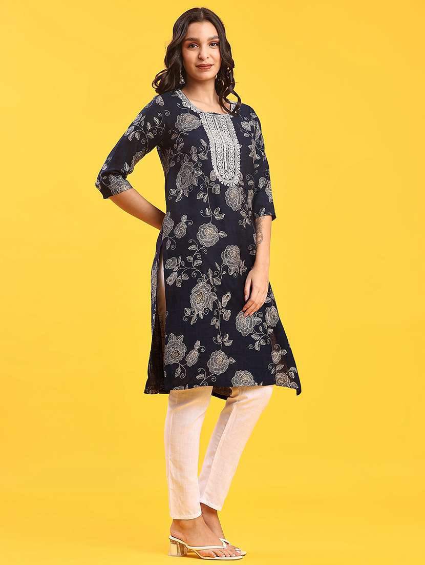 women floral printed three quarter sleeve straight kurta - 22139542 -  Standard Image - 1