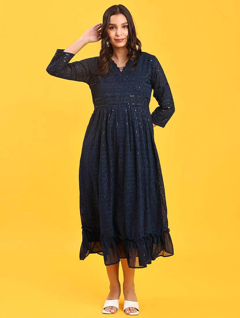 women embroidered three quarter sleeve fit & flare dress - 22139549 -  Standard Image - 1