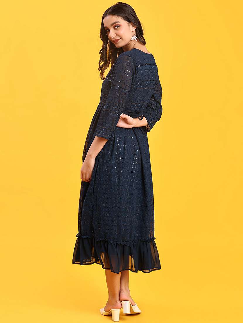 women embroidered three quarter sleeve fit & flare dress - 22139549 -  Standard Image - 4