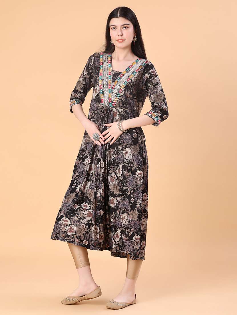 women floral printed three quarter sleeve a-line kurta - 22139551 -  Standard Image - 1