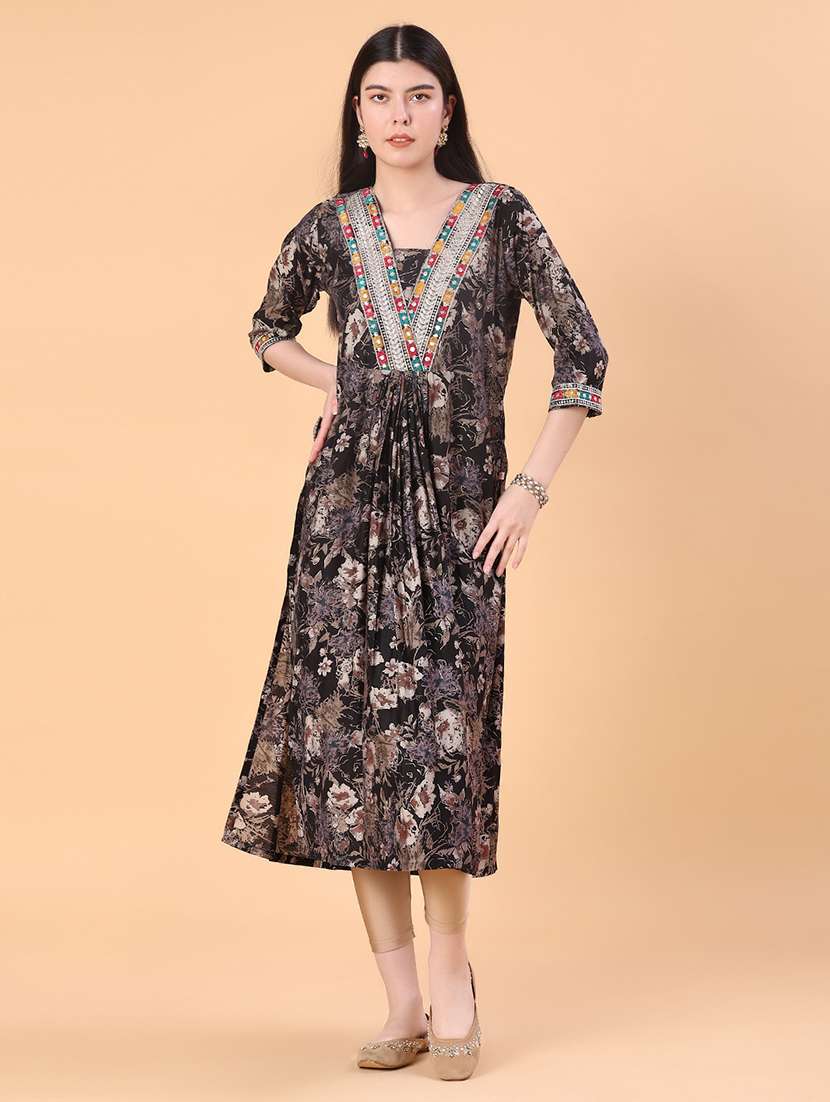 women floral printed three quarter sleeve a-line kurta - 22139551 -  Standard Image - 4