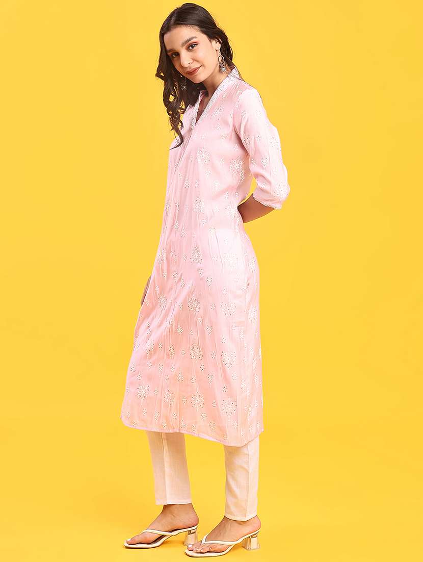 women solid with work three quarter sleeve a-line kurta - 22139681 -  Standard Image - 1