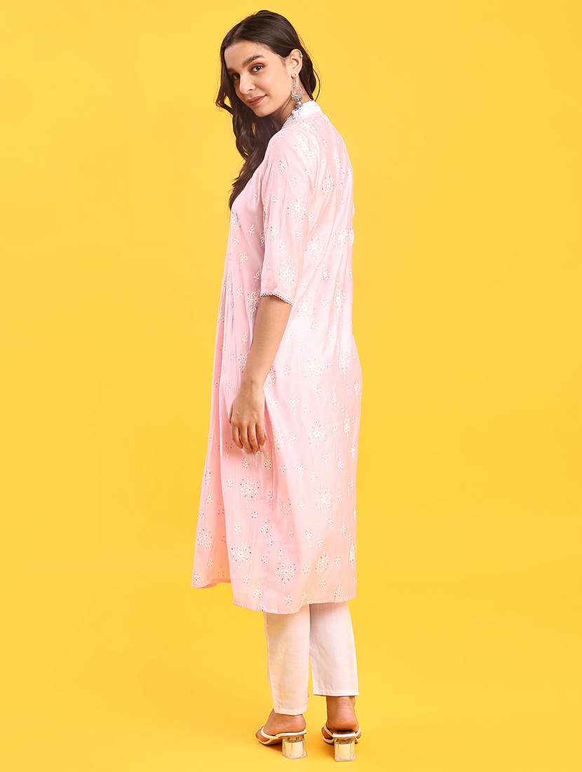 women solid with work three quarter sleeve a-line kurta - 22139681 -  Standard Image - 4