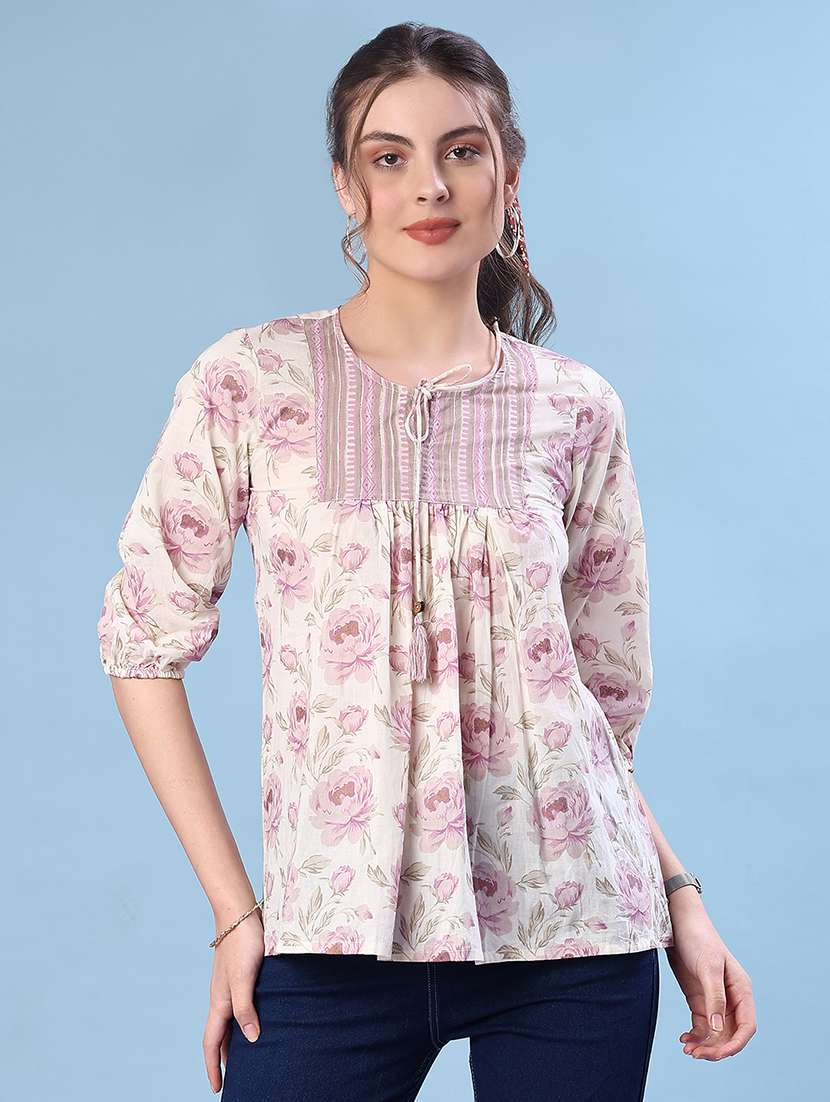 women floral printed three quarter sleeve a-line kurti