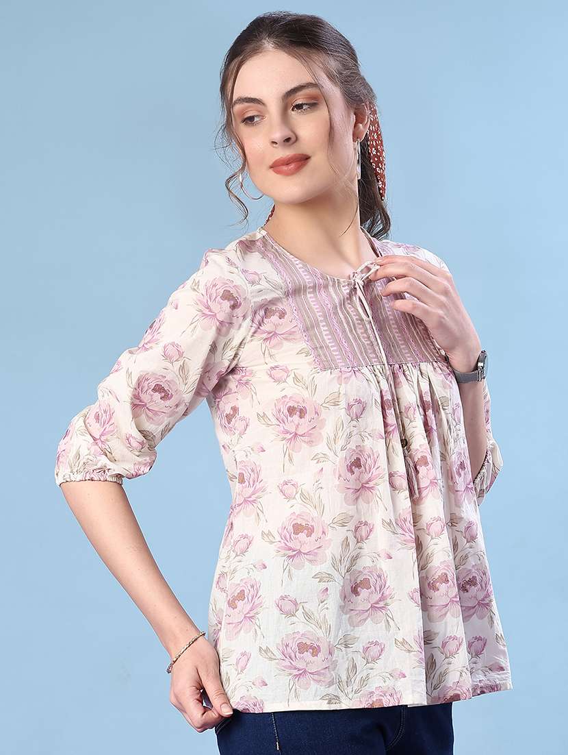 women floral printed three quarter sleeve a-line kurti - 22139706 -  Standard Image - 1