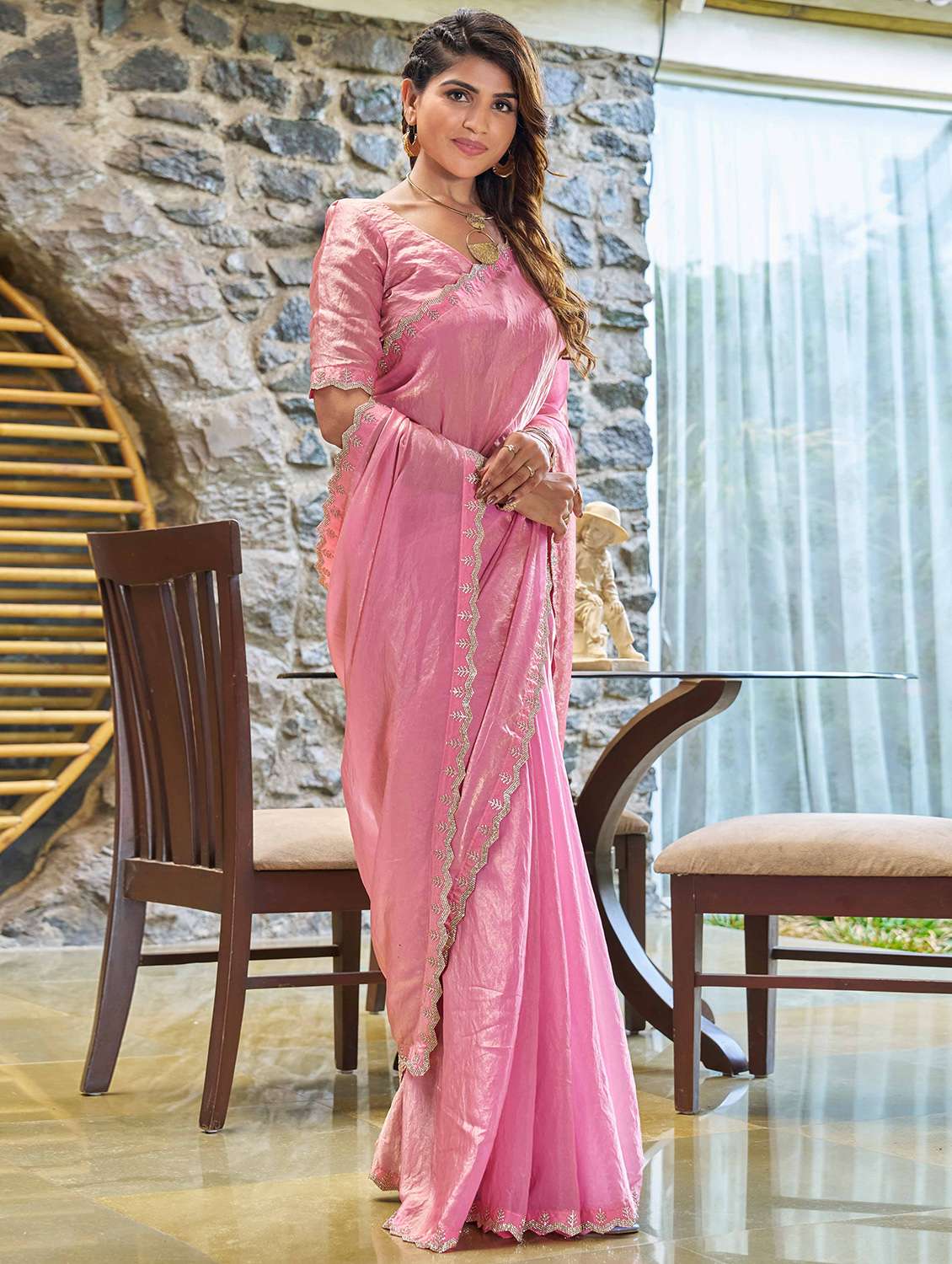 women solid with embellished bordered saree with blouse - 22140109 - Standard Image - 1