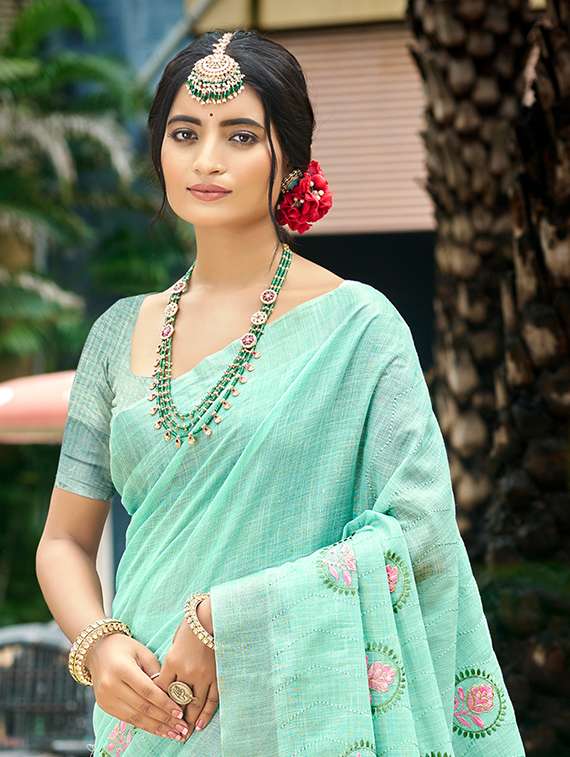 women solid with work embroidered saree with blouse - 22140189 -  Standard Image - 1