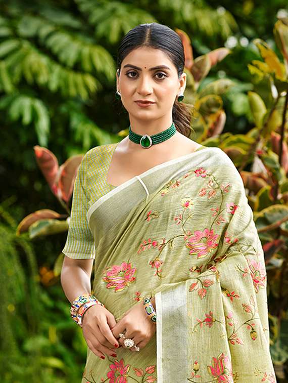 women solid with work embroidered saree with blouse - 22140196 -  Standard Image - 1