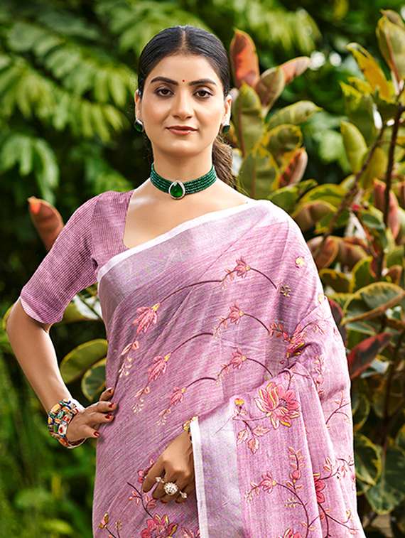 women solid with work embroidered saree with blouse - 22140198 -  Standard Image - 1