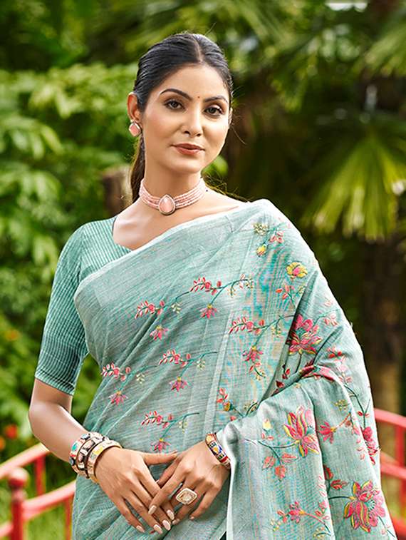 women solid with work embroidered saree with blouse - 22140199 -  Standard Image - 1