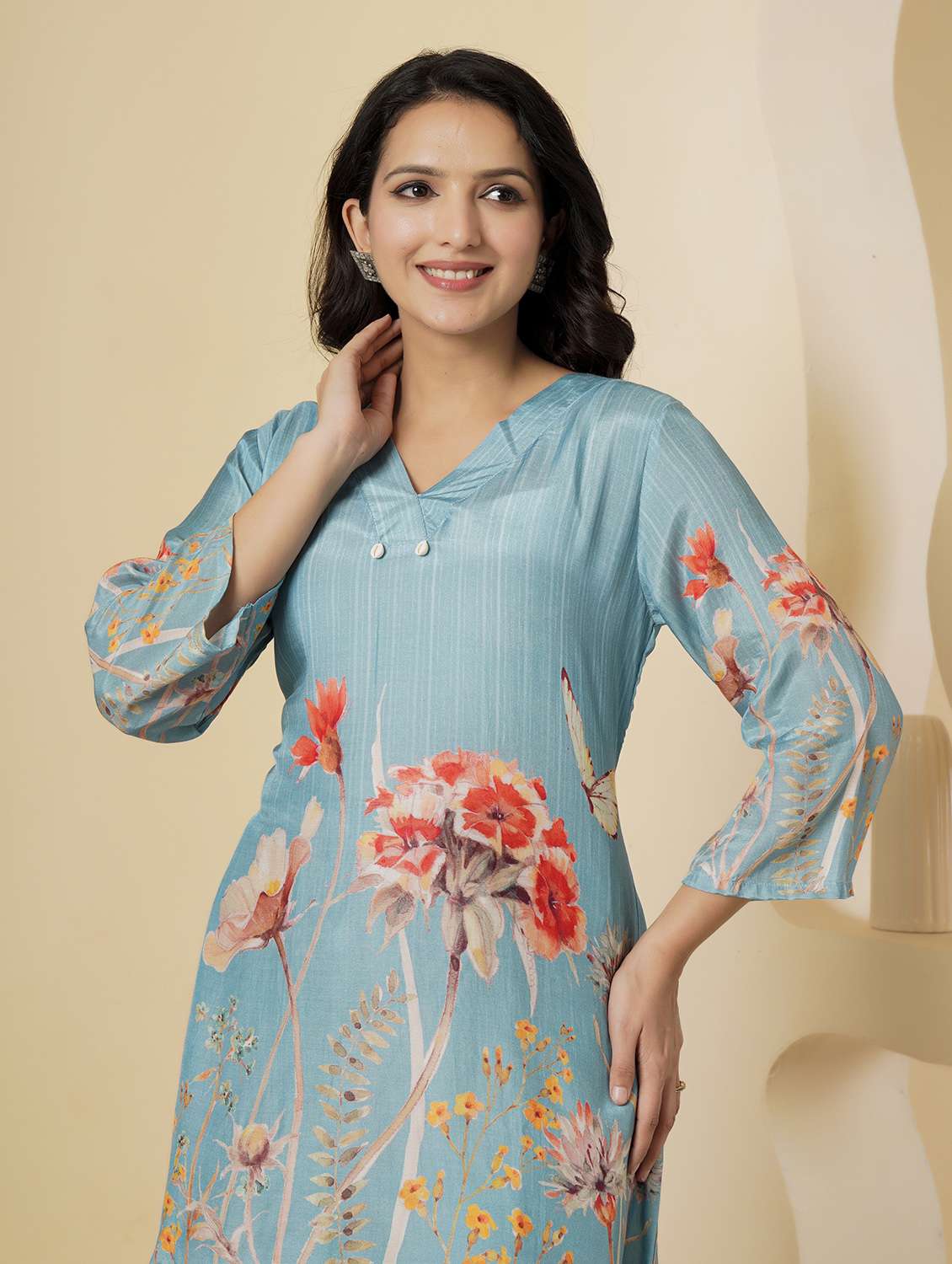 women floral three quarter sleeve ethnic co-ord set - 22140234 - Standard Image - 1