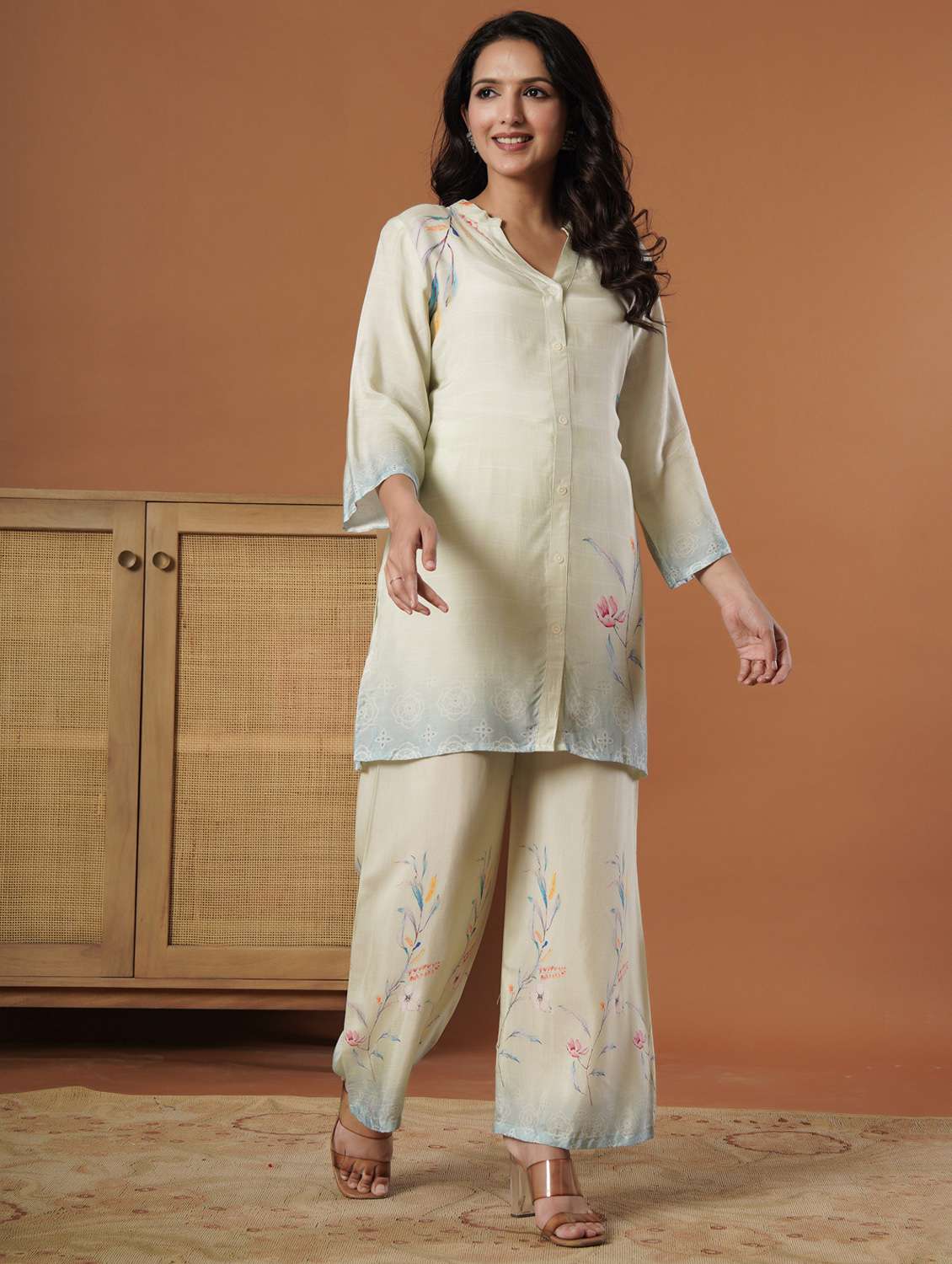 women printed three quarter sleeve ethnic co-ord set - 22140235 -  Standard Image - 1