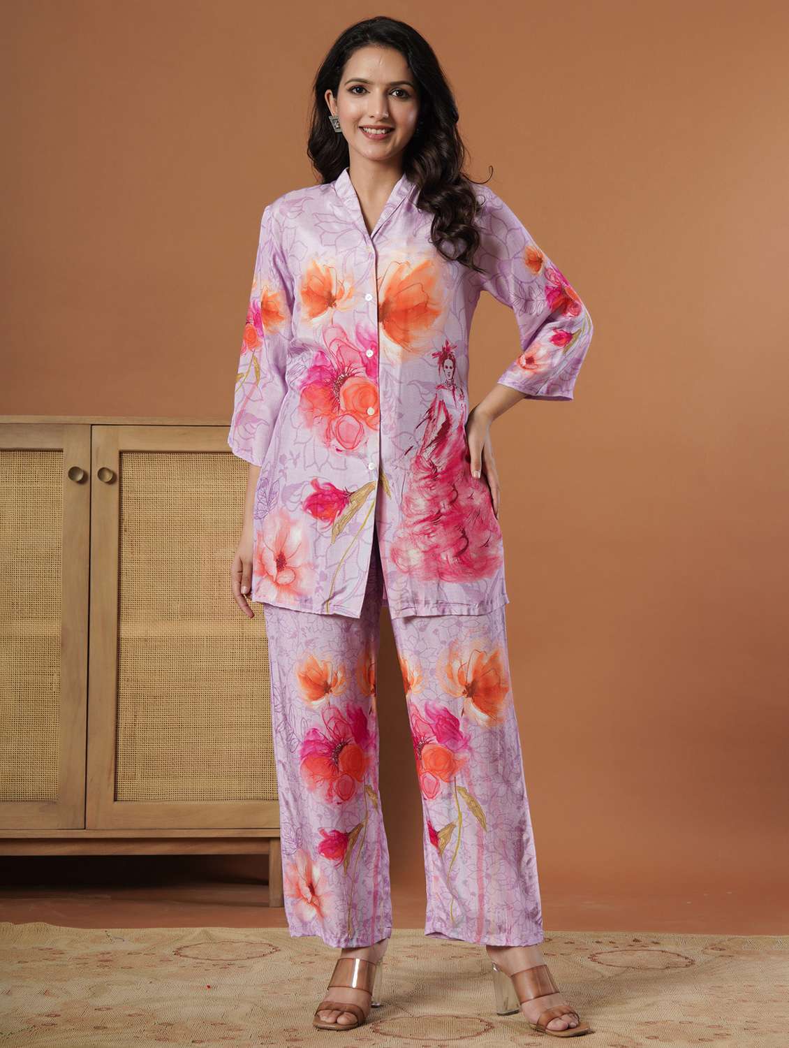 women floral three quarter sleeve ethnic co-ord set