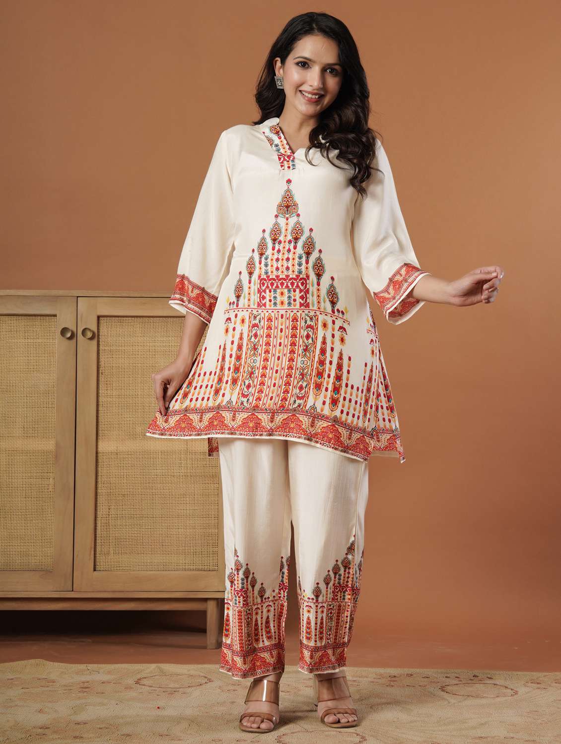 women printed three quarter sleeve ethnic co-ord set - 22140239 -  Standard Image - 1