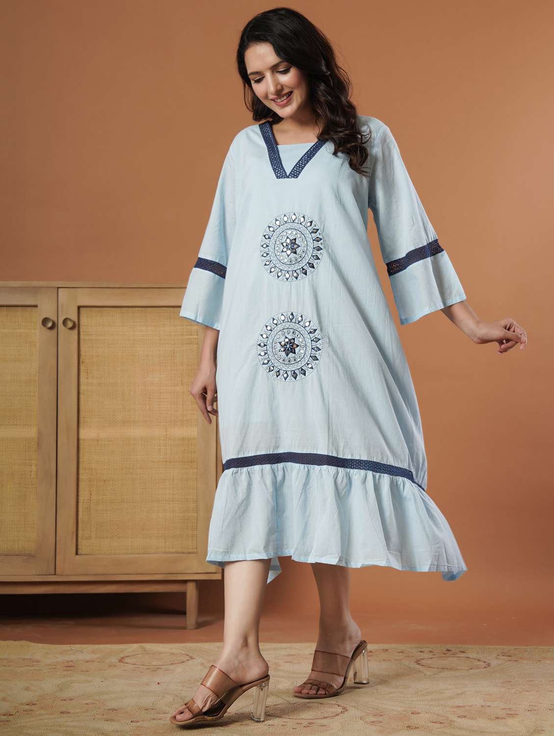 women solid with work square neck a-line ethnic dress - 22140240 -  Standard Image - 1