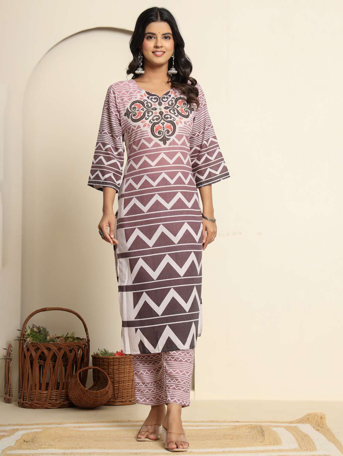 women printed three quarter sleeve kurta pant with dupatta set - 22140242 -  Standard Image - 1