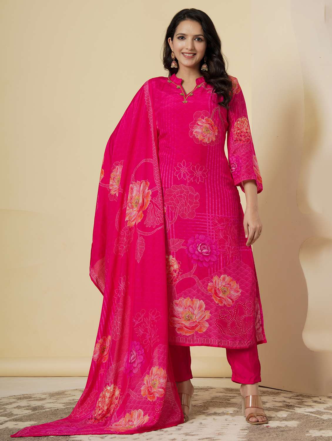 women floral three quarter sleeve kurta pant with dupatta set