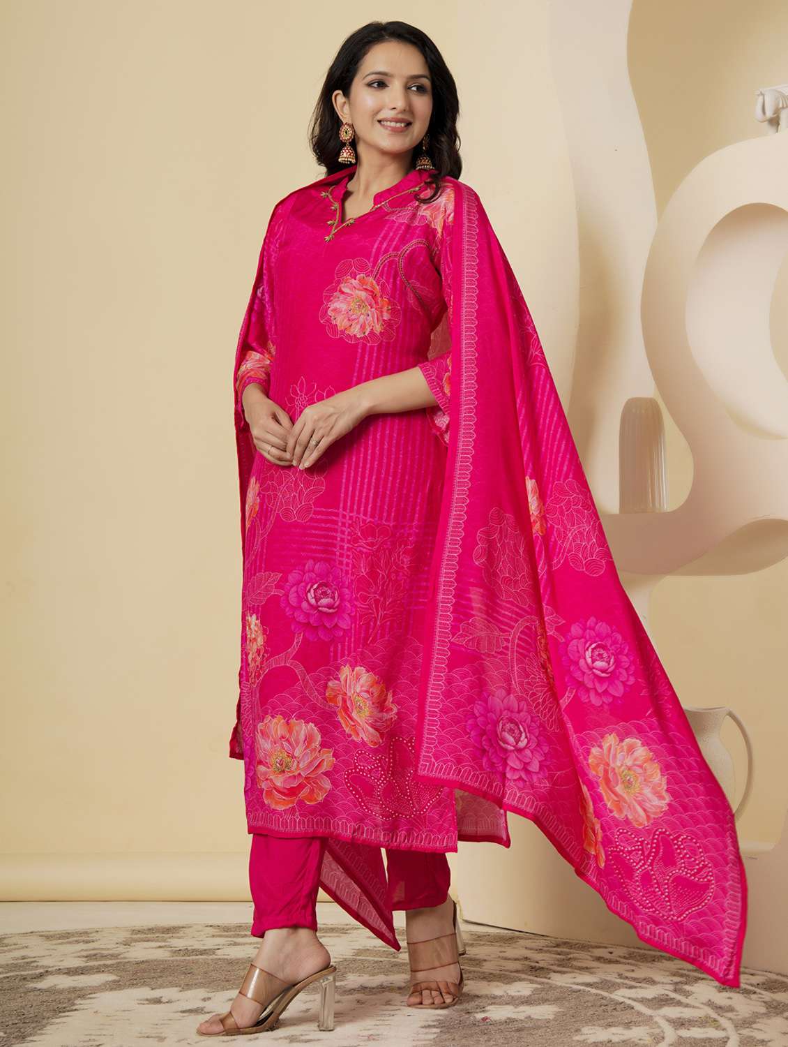 women floral three quarter sleeve kurta pant with dupatta set - 22140244 - Standard Image - 1