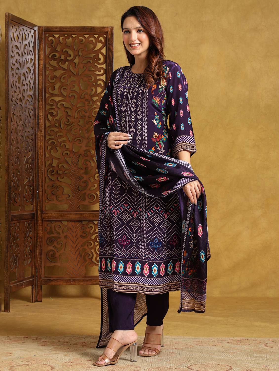 women printed three quarter sleeve kurta pant with dupatta set - 22140246 - Standard Image - 1