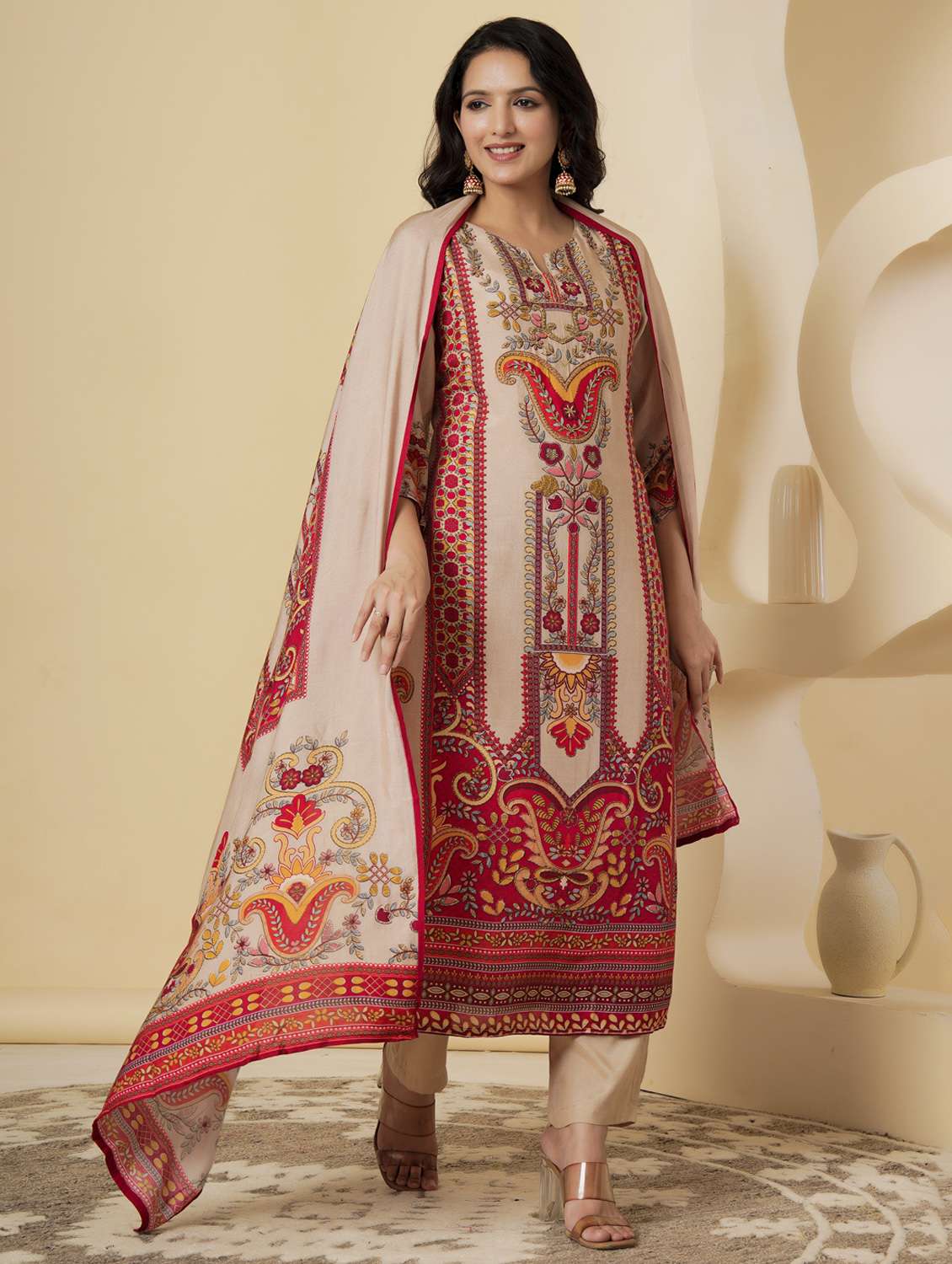 women printed three quarter sleeve kurta pant with dupatta set - 22140247 - Standard Image - 1