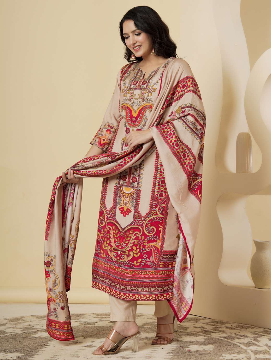 women printed three quarter sleeve kurta pant with dupatta set - 22140247 - Standard Image - 4