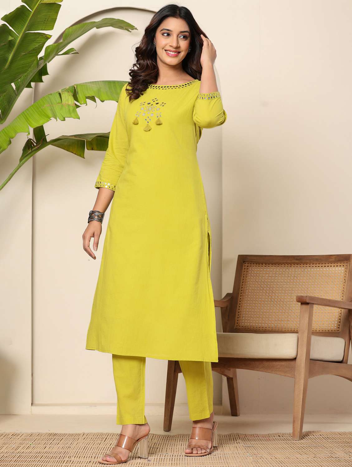 women solid with work three quarter sleeve kurta pant set - 22140250 - Standard Image - 1