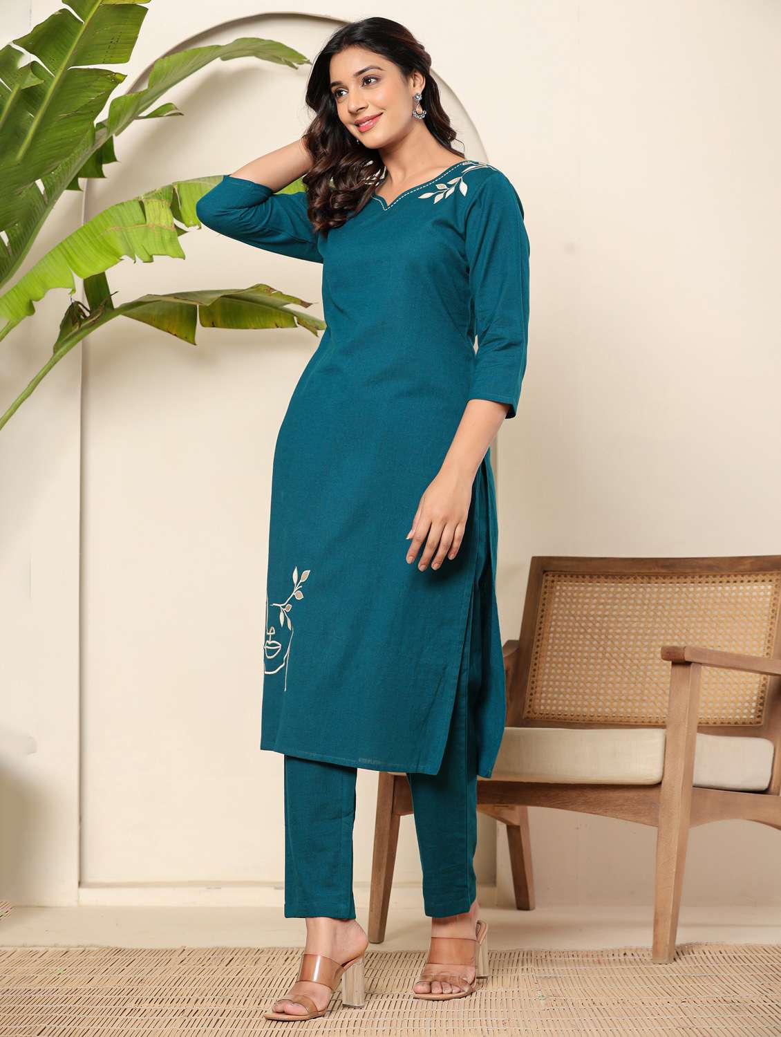 women embroidered three quarter sleeve kurta pant set - 22140255 - Standard Image - 1